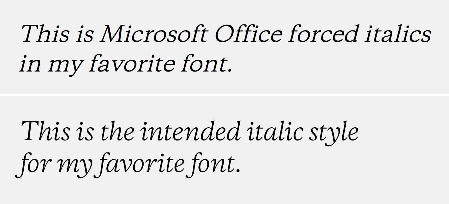 Example of Microsoft Office forced italics vs the way the type designer intended